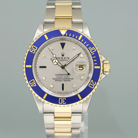 MINT Rolex Submariner 16613LB Two Tone Gold Silver Serti Diamond Watch