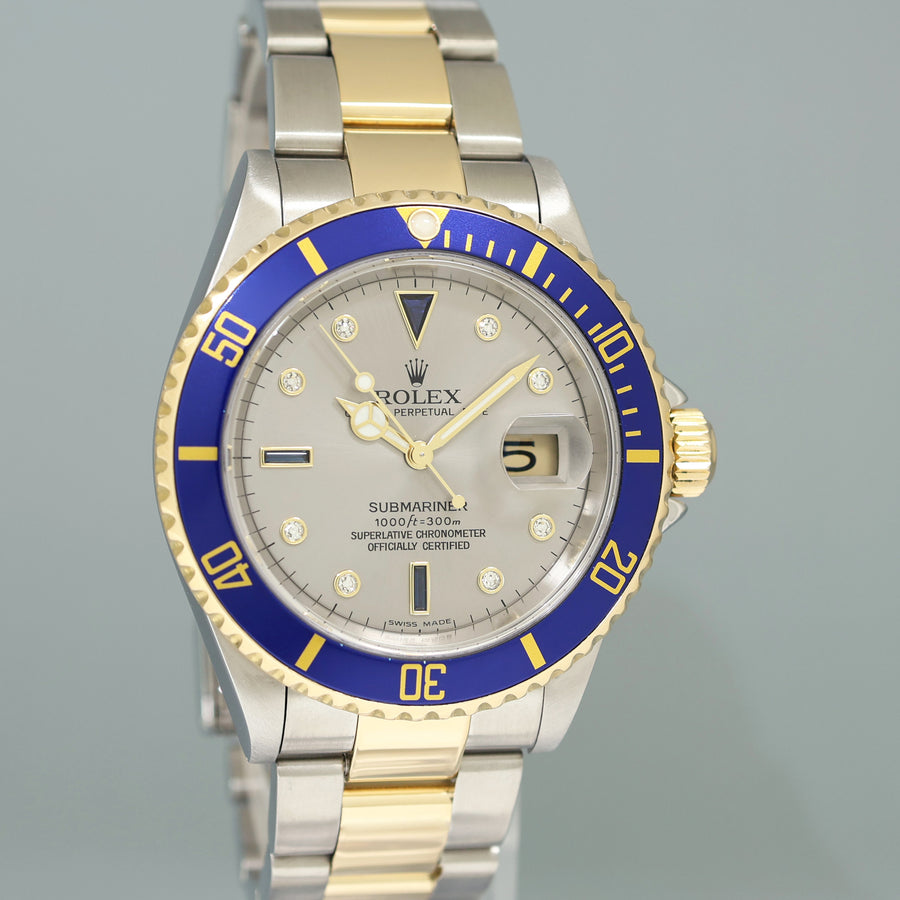 MINT Rolex Submariner 16613LB Two Tone Gold Silver Serti Diamond Watch