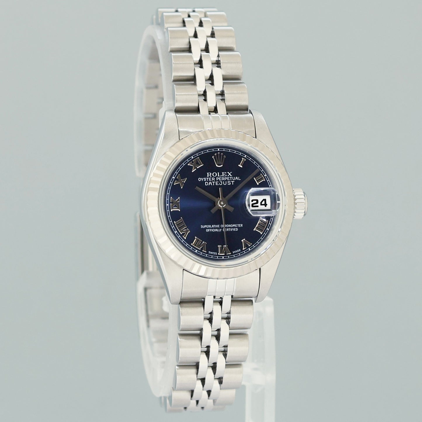 PAPERS Ladies Rolex 69174 DateJust 26mm Blue Roman Fluted Bezel Jubilee Watch