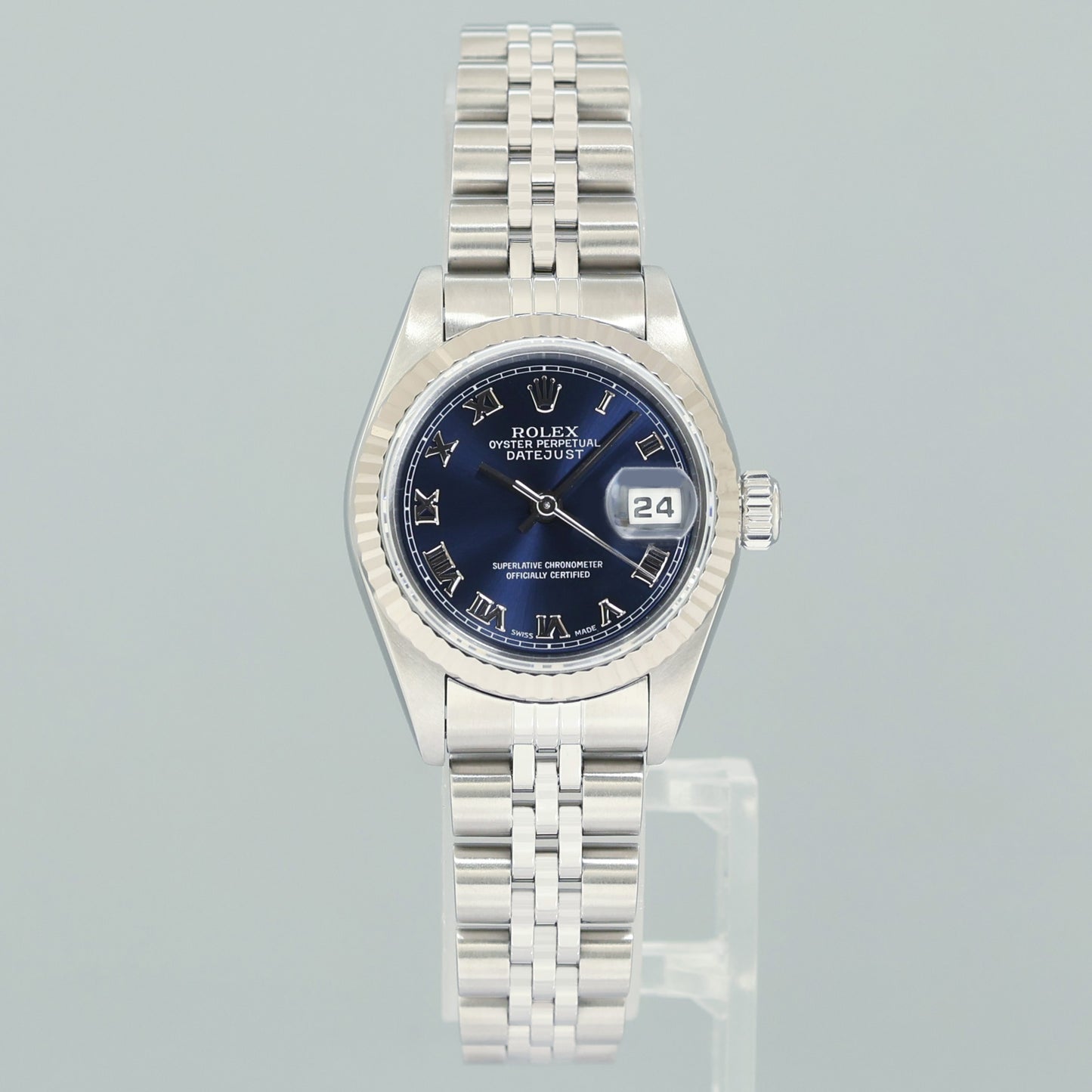 PAPERS Ladies Rolex 69174 DateJust 26mm Blue Roman Fluted Bezel Jubilee Watch