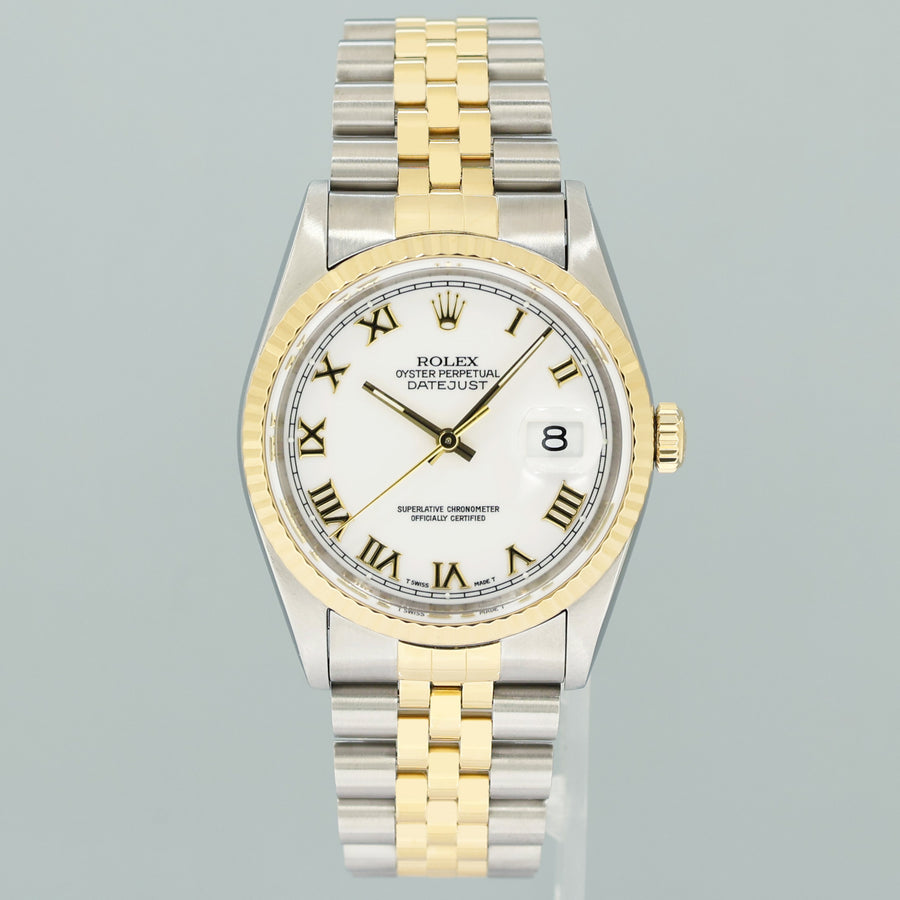 PAPERS MINT Rolex DateJust 36mm White Roman 16233 Two Tone Steel Jubilee Watch Box