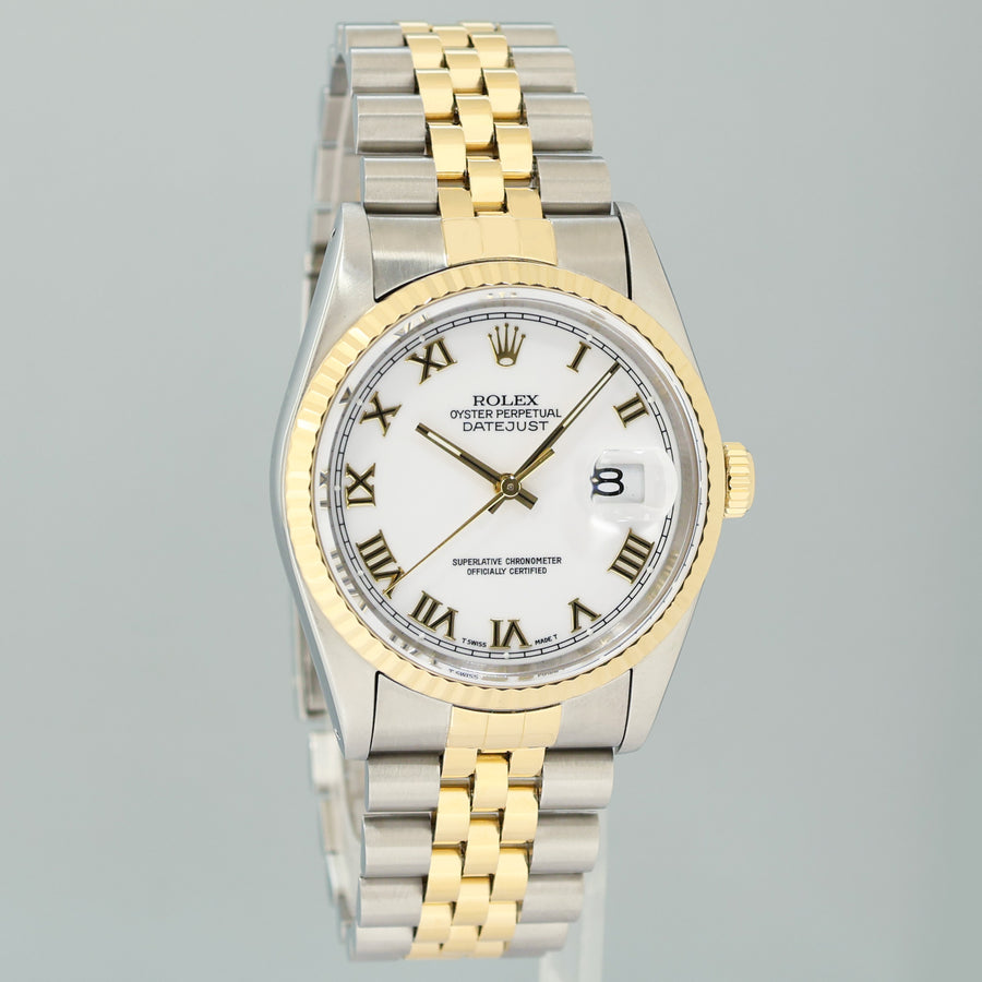 PAPERS MINT Rolex DateJust 36mm White Roman 16233 Two Tone Steel Jubilee Watch Box
