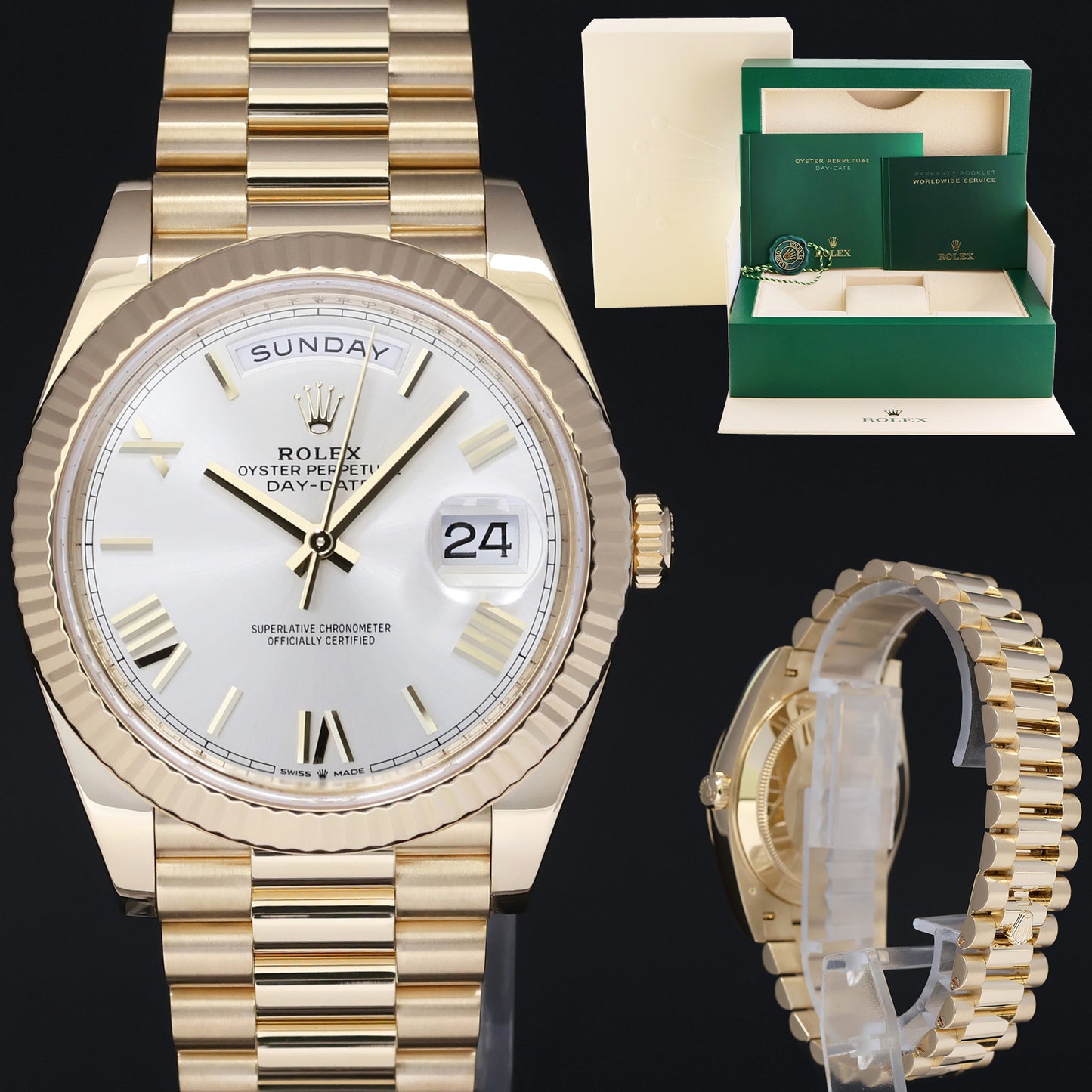 2023 MINT Rolex 228238 Day-Date 40 President Silver Roman Gold Watch Box