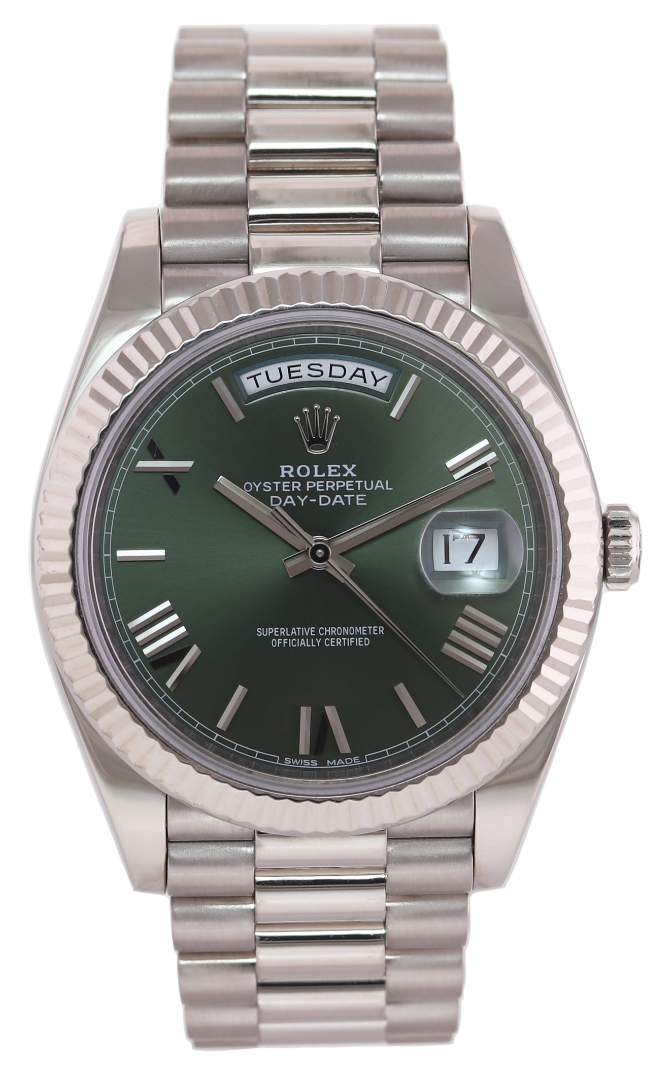 2019 MINT Papers Rolex Day Date 40 White Gold President GREEN OLIVE 228239 Watch