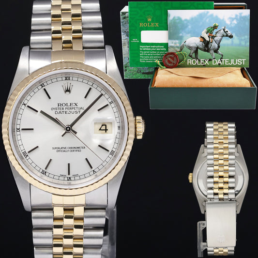 MINT Rolex DateJust 36mm Silver Stick 16233 Two Tone 18k Gold Steel Jubilee Watch Box