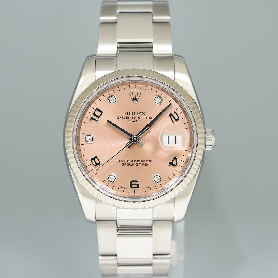 2009 MINT Rolex Date 34mm Pink Diamond 115234 Steel Oyster Band Watch Box