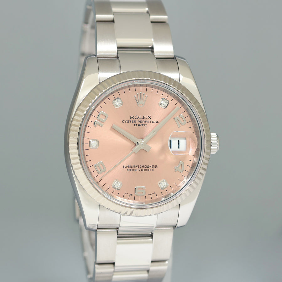 2009 MINT Rolex Date 34mm Pink Diamond 115234 Steel Oyster Band Watch Box