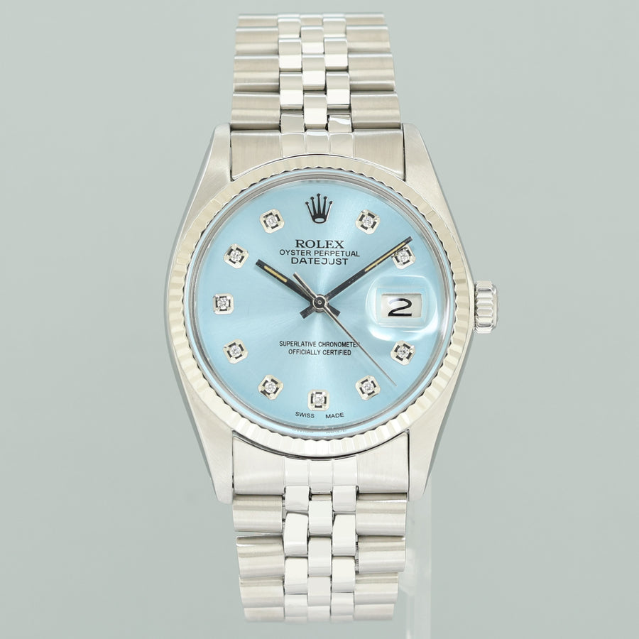 MINT Rolex DateJust 16014 Glacier Blue Diamond Jubilee Band 36mm Watch Box