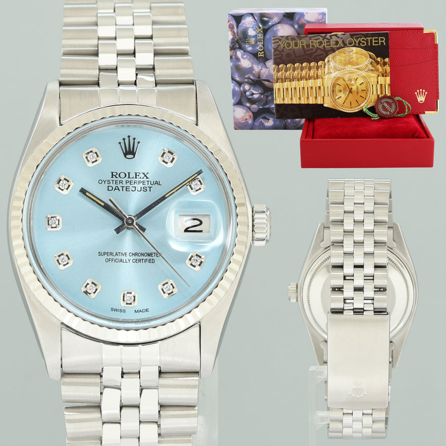 MINT Rolex DateJust 16014 Glacier Blue Diamond Jubilee Band 36mm Watch Box