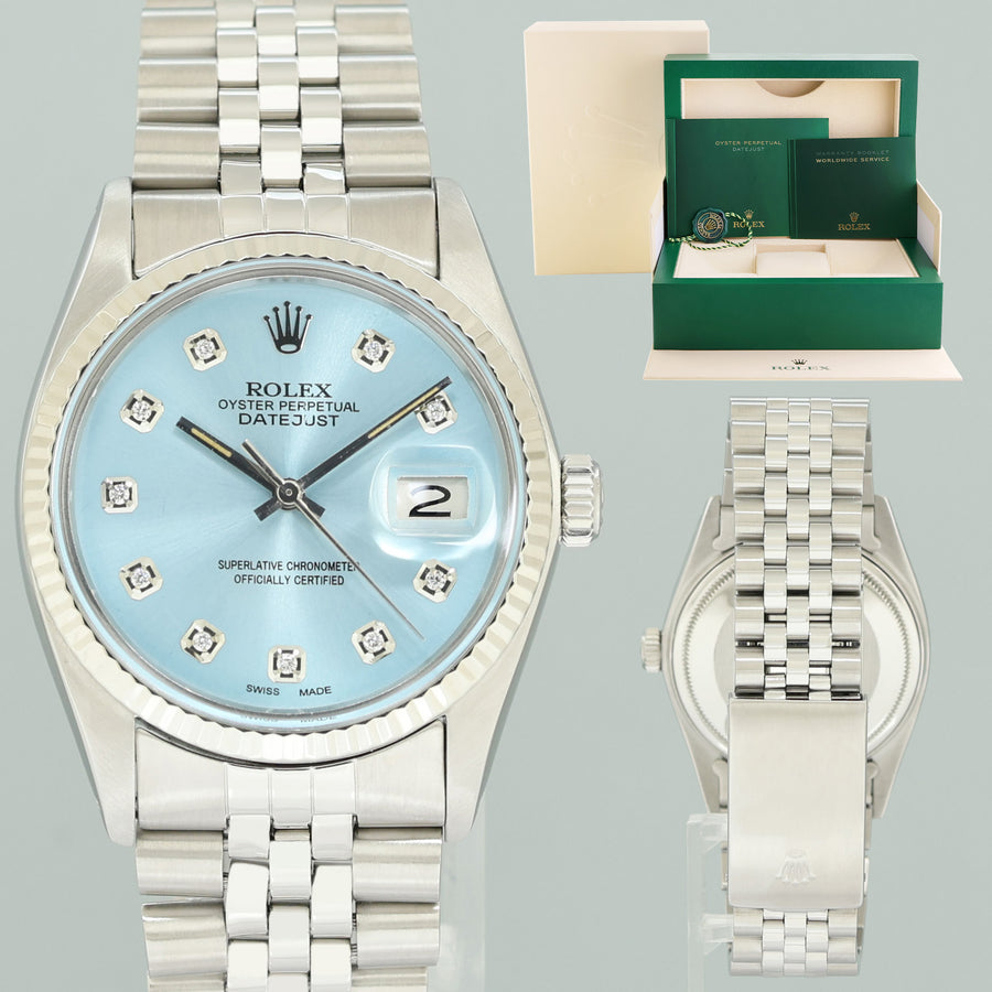 MINT Rolex DateJust 16014 Glacier Blue Diamond Jubilee Band 36mm Watch Box