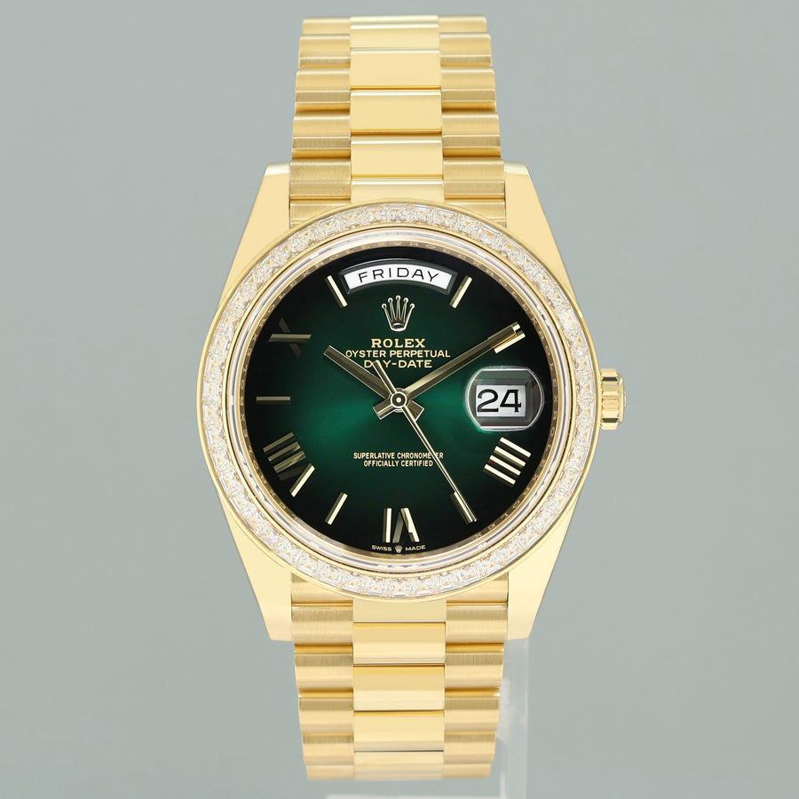2026 NEW PAPERS Rolex Day Date 40 Yellow Gold Green Ombre Baguette 228398TBR Watch