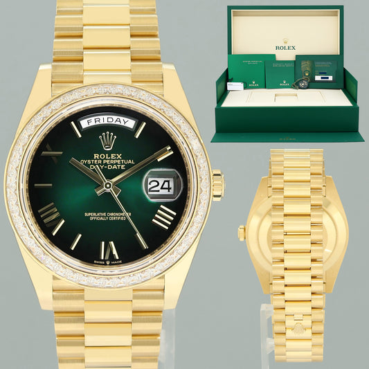 2026 NEW PAPERS Rolex Day Date 40 Yellow Gold Green Ombre Baguette 228398TBR Watch