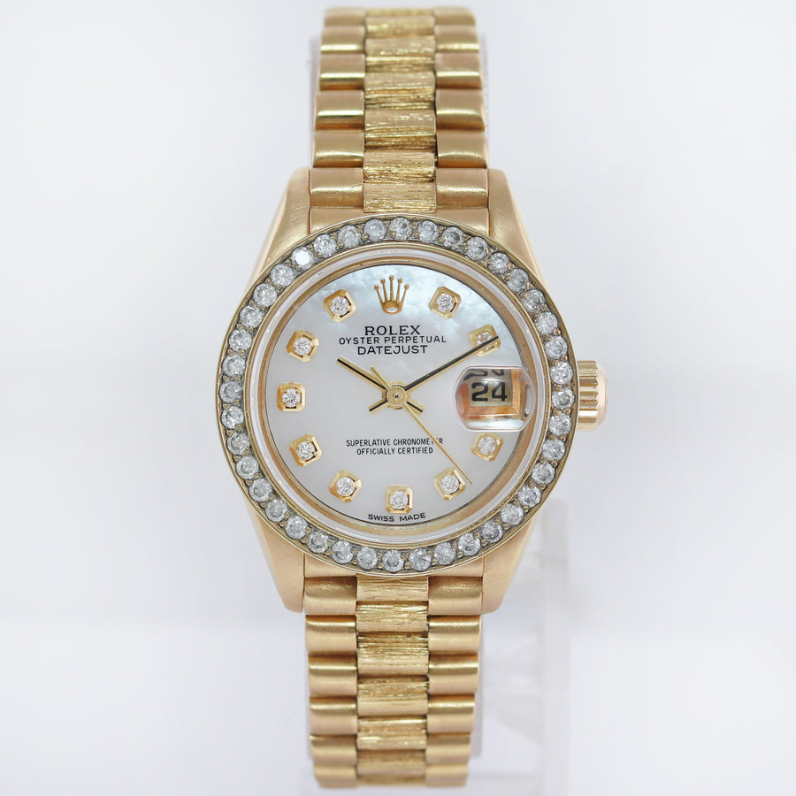 MINT Ladies Rolex DateJust President 26mm 6917 Gold MOP Diamond Bezel Watch