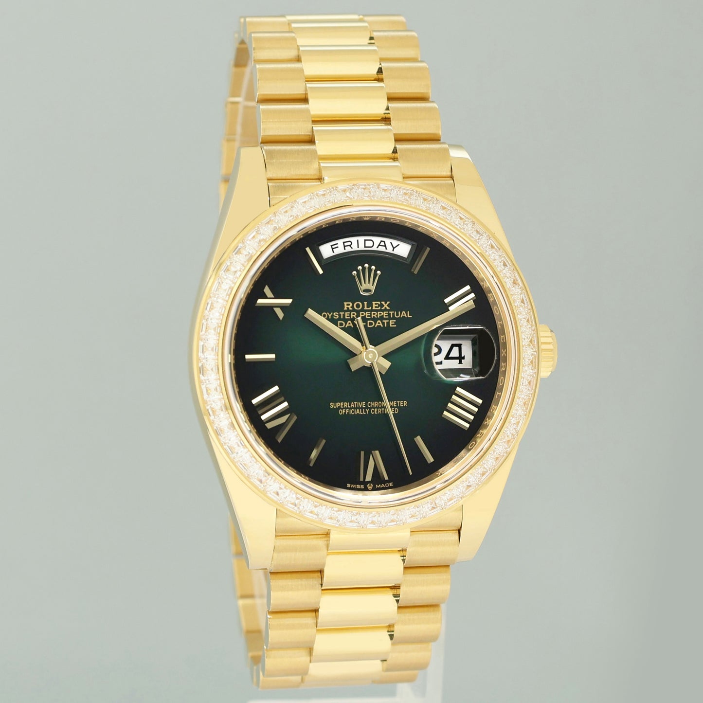 2026 NEW PAPERS Rolex Day Date 40 Yellow Gold Green Ombre Baguette 228398TBR Watch