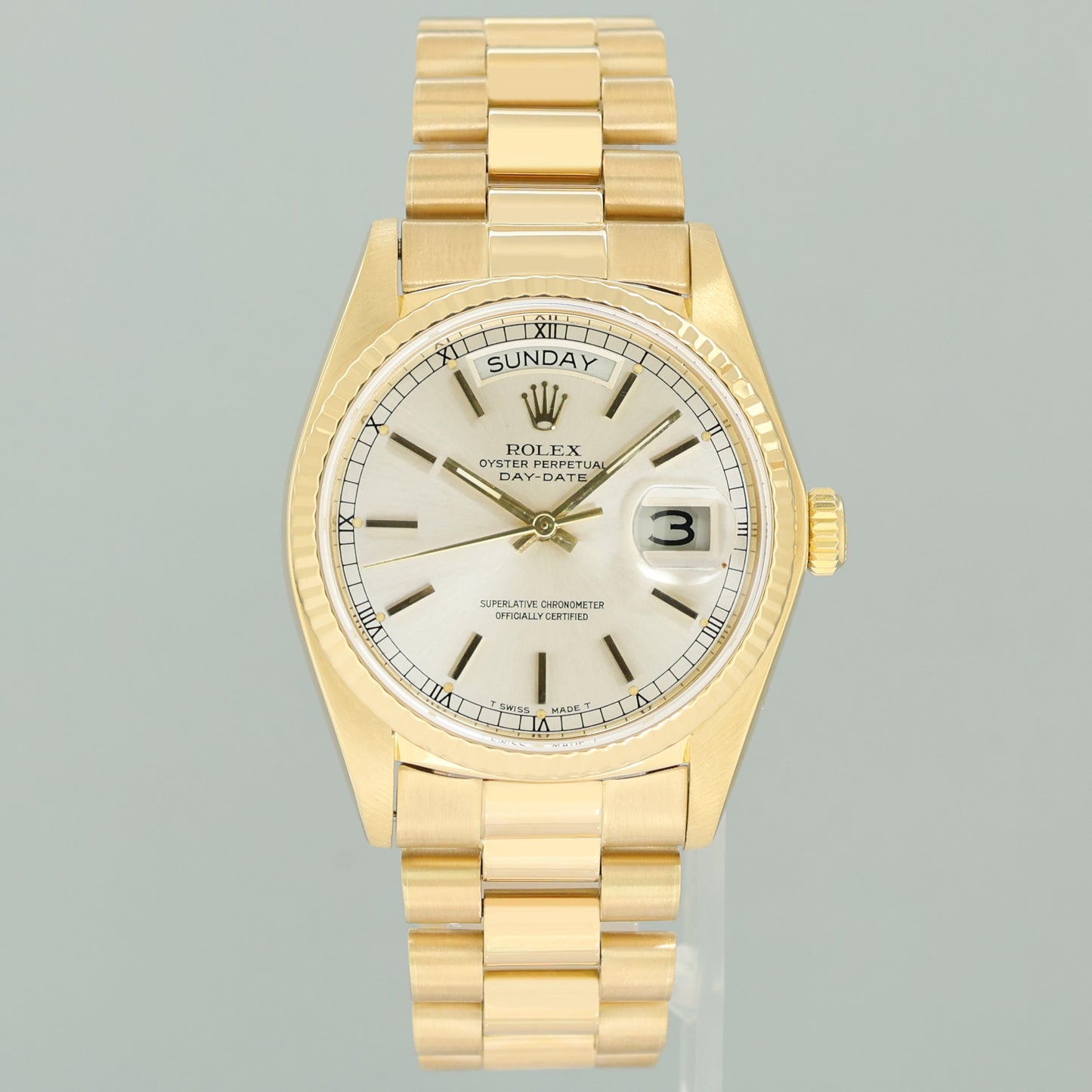 Rolex President Day Date 18038 Yellow Gold Silver Stick Quickset Watch