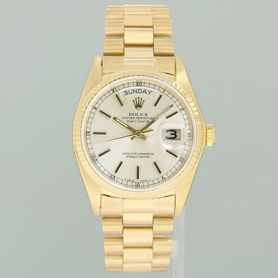 Rolex President Day Date 18038 Yellow Gold Silver Stick Quickset Watch
