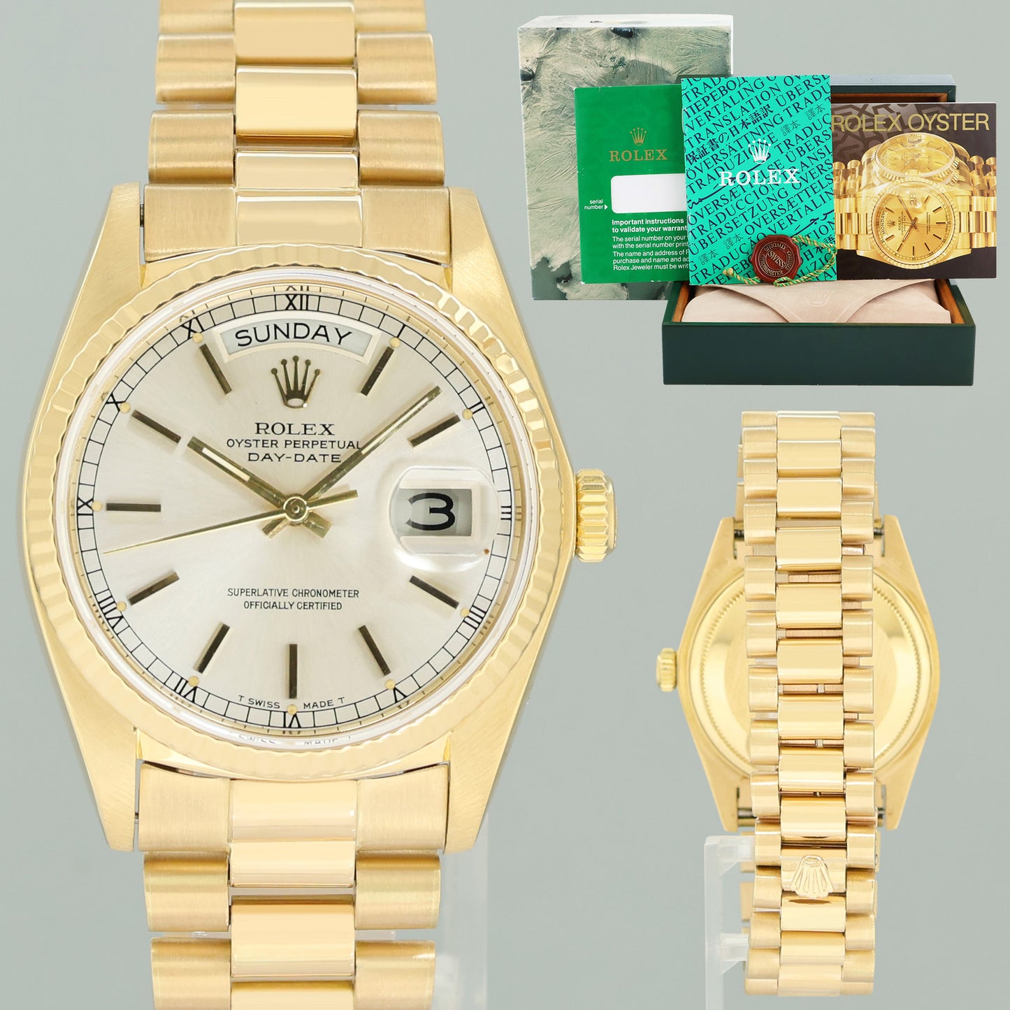Rolex President Day Date 18038 Yellow Gold Silver Stick Quickset Watch