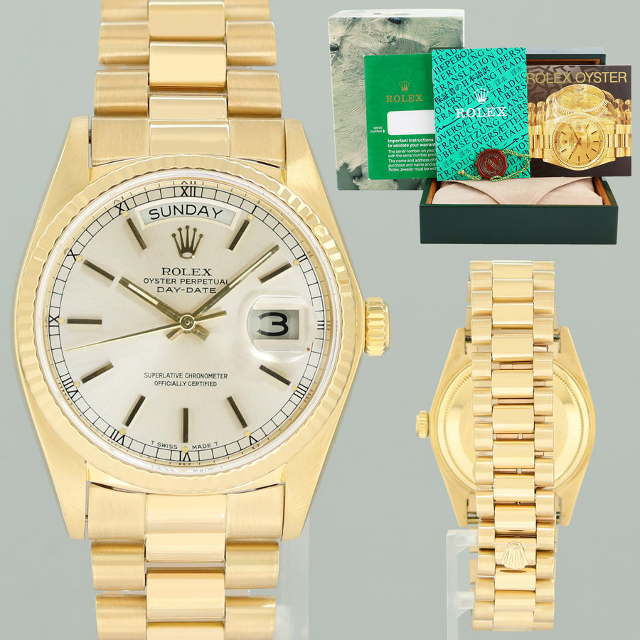 Rolex President Day Date 18038 Yellow Gold Silver Stick Quickset Watch