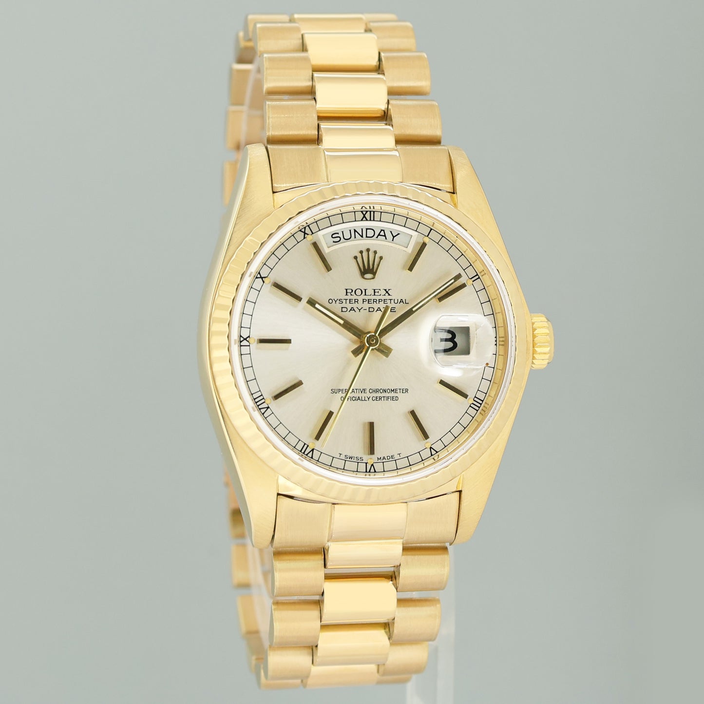 Rolex President Day Date 18038 Yellow Gold Silver Stick Quickset Watch