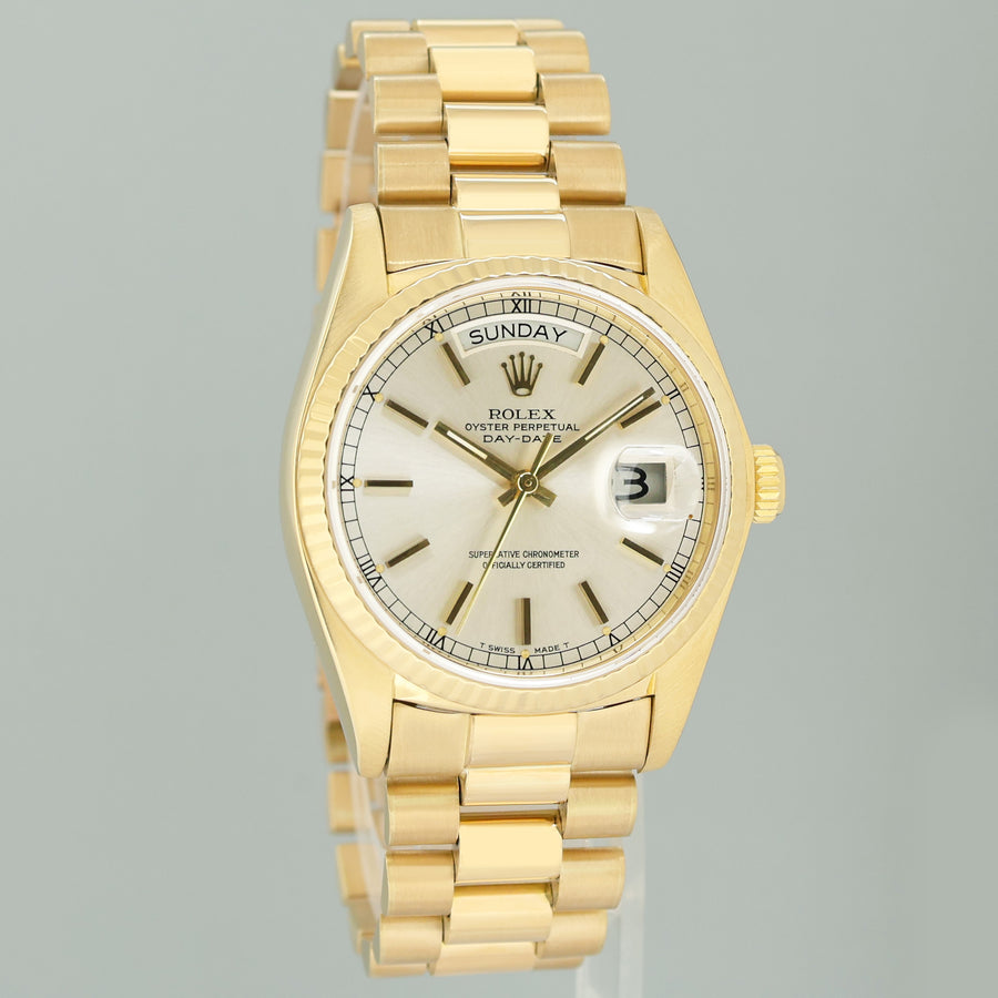 Rolex President Day Date 18038 Yellow Gold Silver Stick Quickset Watch