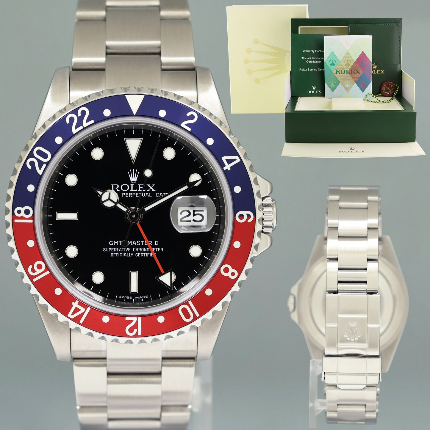 2007 PAPERS MINT Rolex GMT-Master II 2 Pepsi Blue Red Error Dial Steel 16710 Watch