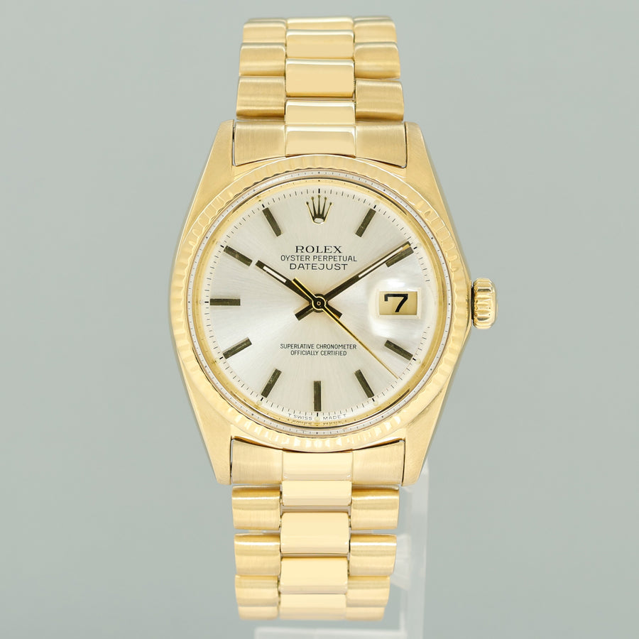 Rolex DateJust 36mm 1601 Yellow Gold President Silver Pie Pan Stick Watch Box