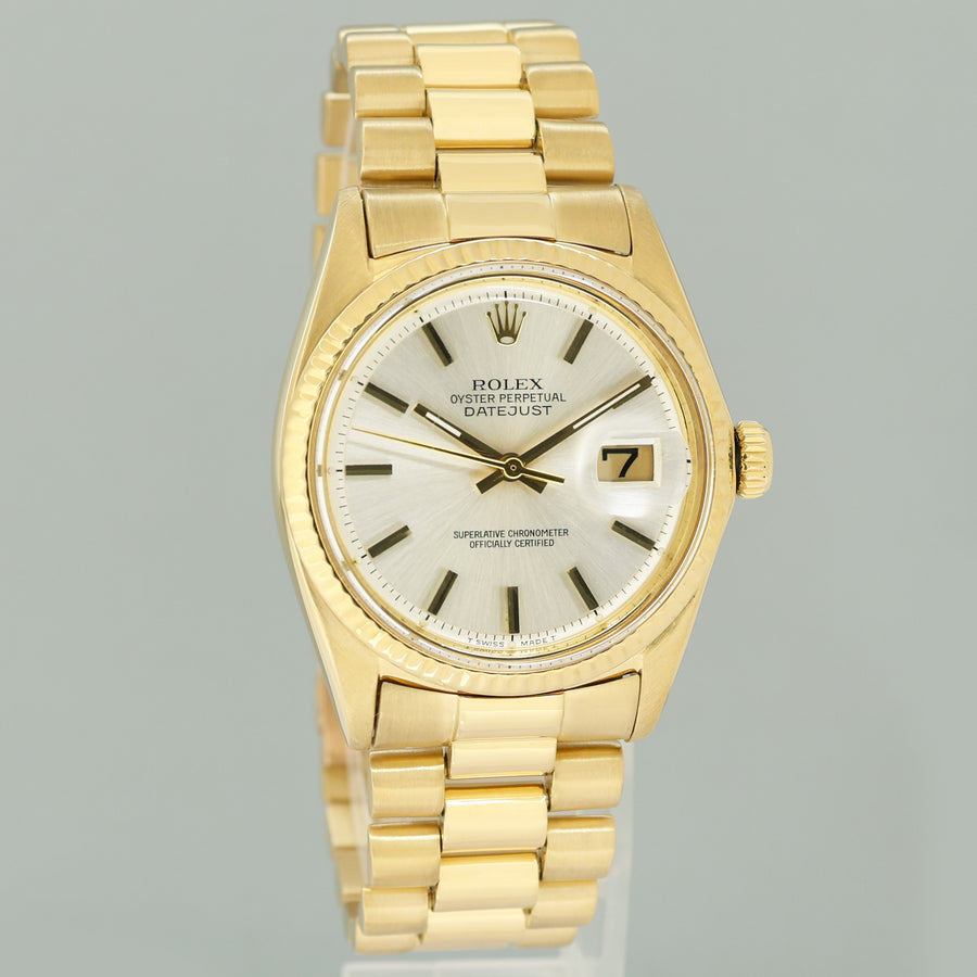 Rolex DateJust 36mm 1601 Yellow Gold President Silver Pie Pan Stick Watch Box