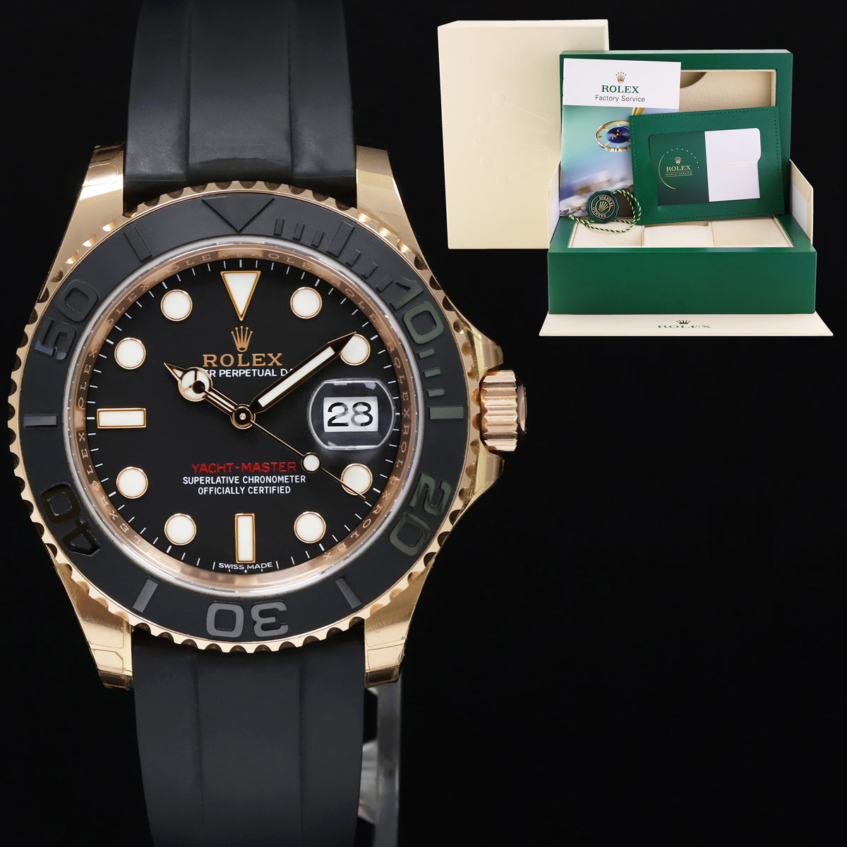 2024 RSC PAPERS MINT Rolex Yacht-Master 116655 Rose Gold 40mm Black Oysterflex Watch Box