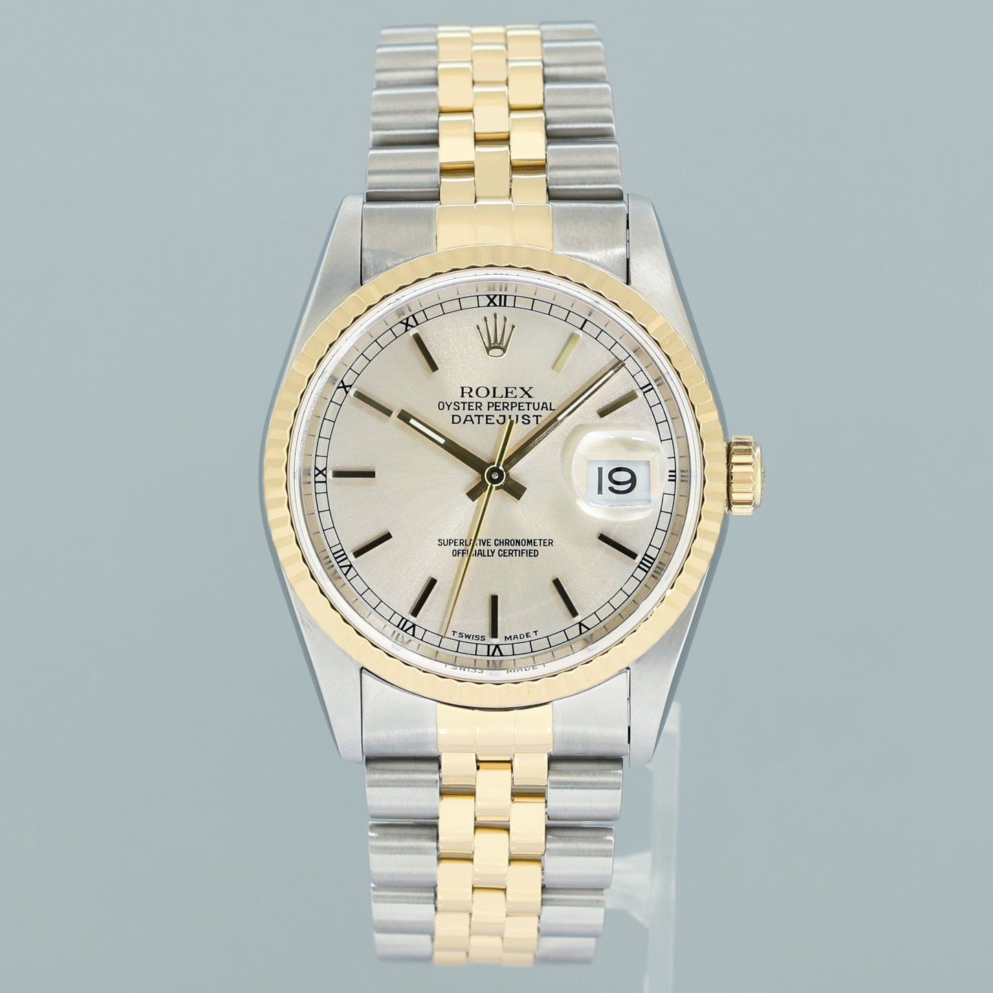 1998 PAPERS MINT Rolex DateJust 36mm Silver Stick 16233 Two Tone Steel Jubilee Watch Box