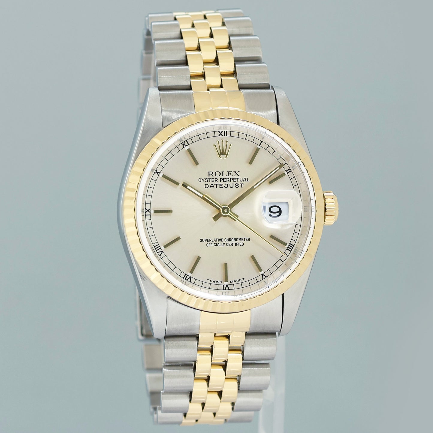 1998 PAPERS MINT Rolex DateJust 36mm Silver Stick 16233 Two Tone Steel Jubilee Watch Box