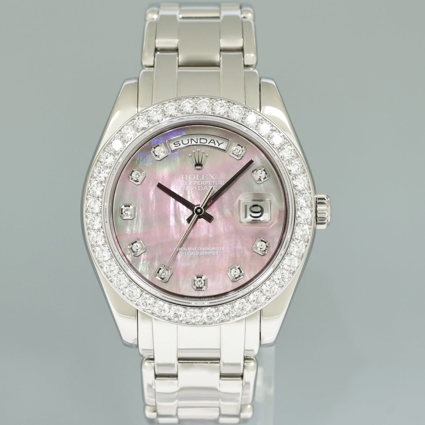 MINT Rolex Platinum Masterpiece Diamond 18946 39MM Mother of Pearl Diamond Watch