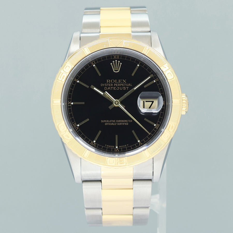 MINT Rolex DateJust 16263 Turn-O-Graph Two Tone Gold Black Oyster 36mm Watch