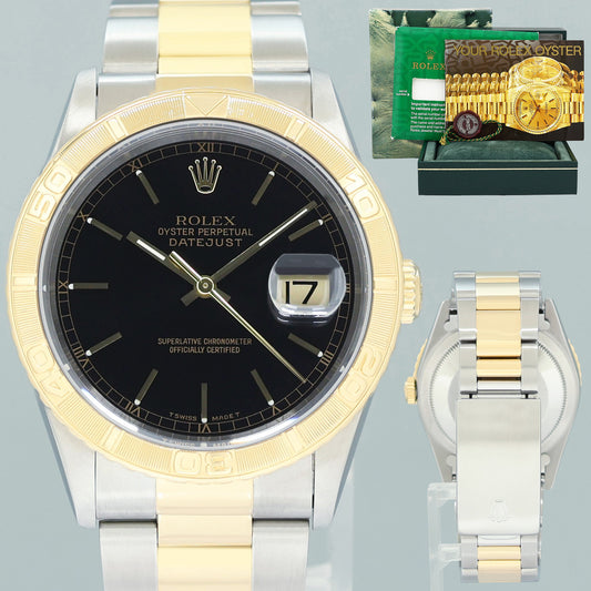 MINT Rolex DateJust 16263 Turn-O-Graph Two Tone Gold Black Oyster 36mm Watch