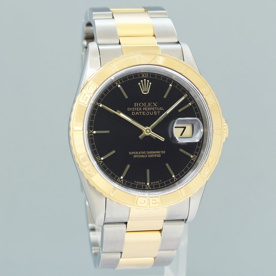 MINT Rolex DateJust 16263 Turn-O-Graph Two Tone Gold Black Oyster 36mm Watch