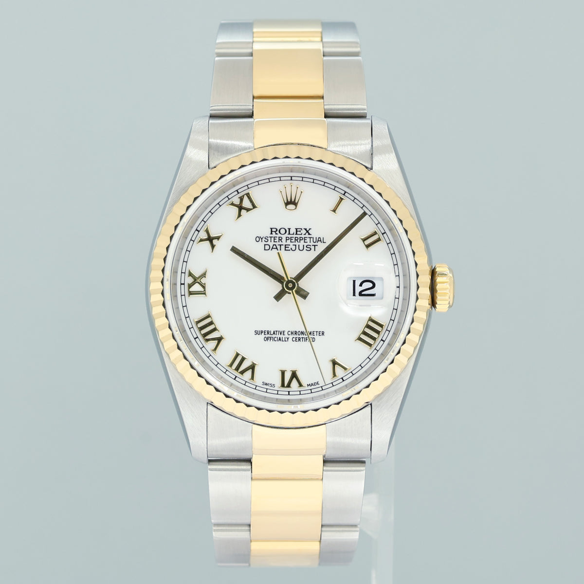 MINT Rolex DateJust 16233 Two Tone Yellow Gold Oyster White Roman Watch Box