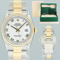 MINT Rolex DateJust 16233 Two Tone Yellow Gold Oyster White Roman Watch Box