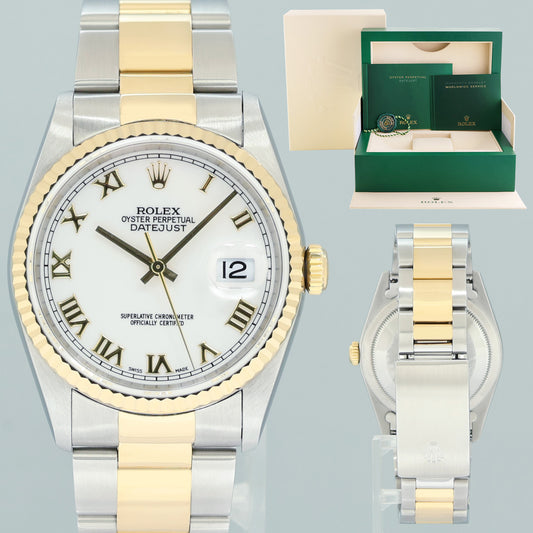 MINT Rolex DateJust 16233 Two Tone Yellow Gold Oyster White Roman Watch Box