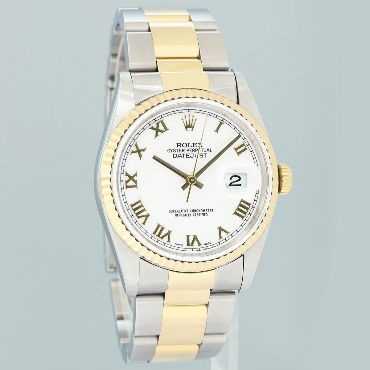 MINT Rolex DateJust 16233 Two Tone Yellow Gold Oyster White Roman Watch Box