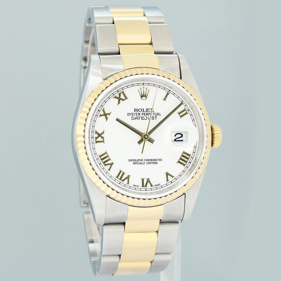 MINT Rolex DateJust 16233 Two Tone Yellow Gold Oyster White Roman Watch Box