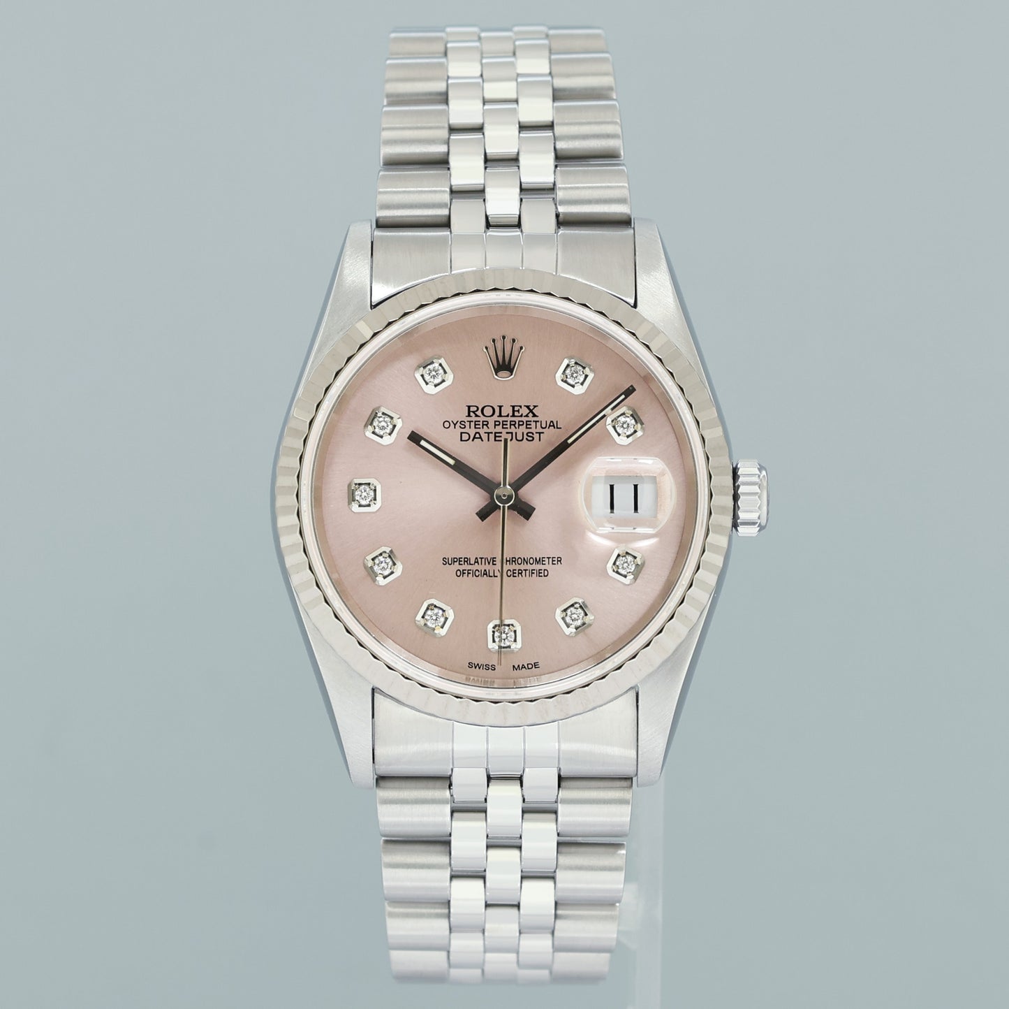 MINT Rolex DateJust 16234 Pink Diamond Jubilee White Gold Fluted 36mm Watch Box