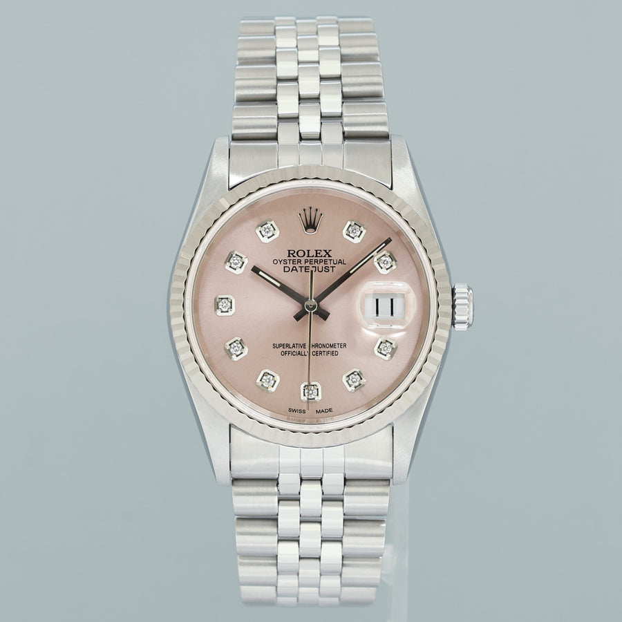 MINT Rolex DateJust 16234 Pink Diamond Jubilee White Gold Fluted 36mm Watch Box