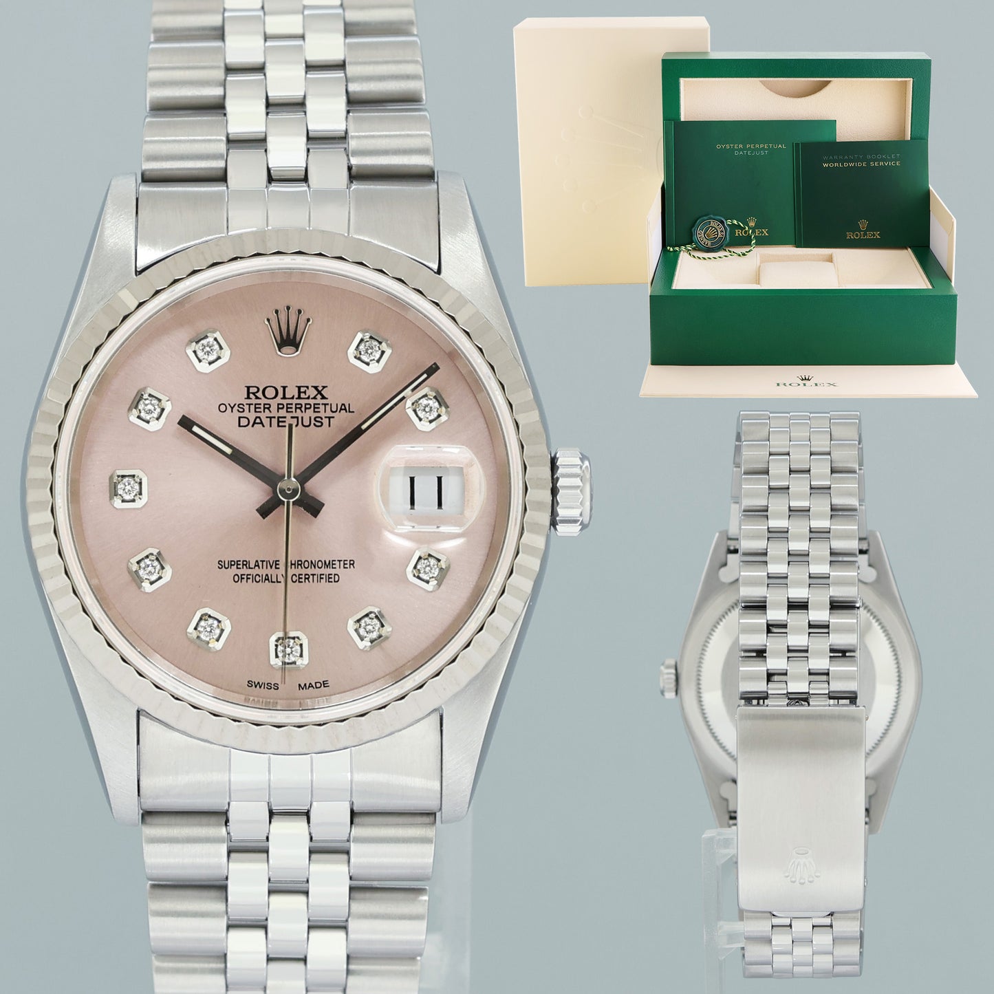 MINT Rolex DateJust 16234 Pink Diamond Jubilee White Gold Fluted 36mm Watch Box