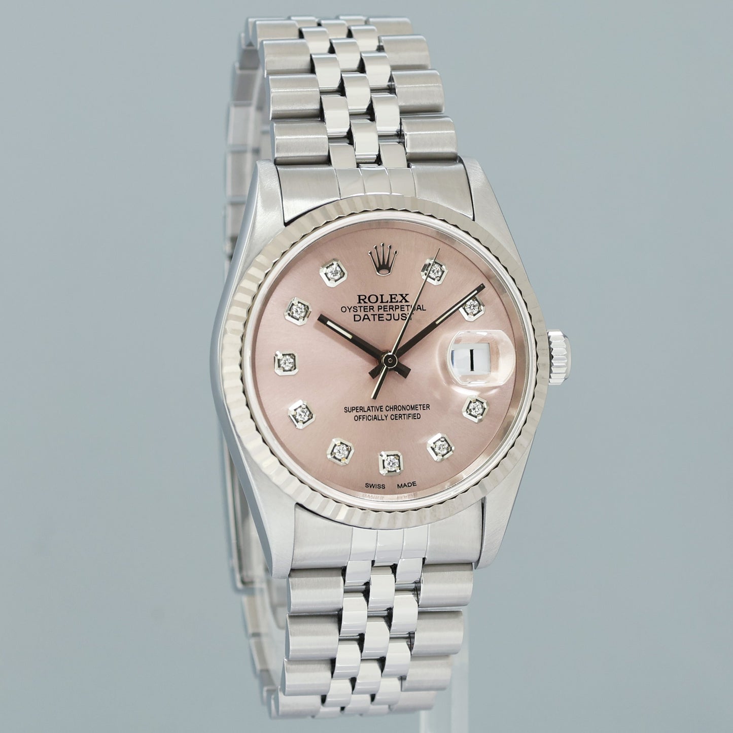 MINT Rolex DateJust 16234 Pink Diamond Jubilee White Gold Fluted 36mm Watch Box