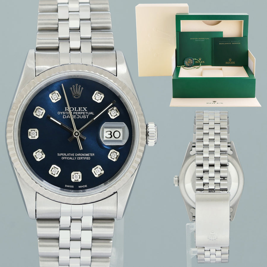 MINT Rolex DateJust 16234 Blue Diamond Jubilee White Gold Fluted Watch Box