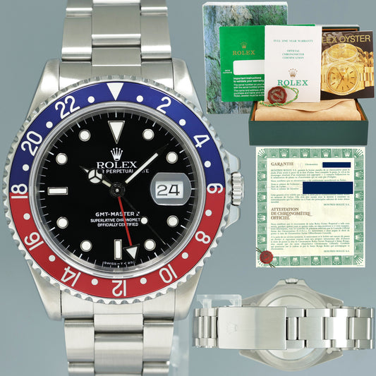 1990 PAPERS Rolex GMT-Master Pepsi Blue Red 40mm Tritium Steel 16710 Watch Box