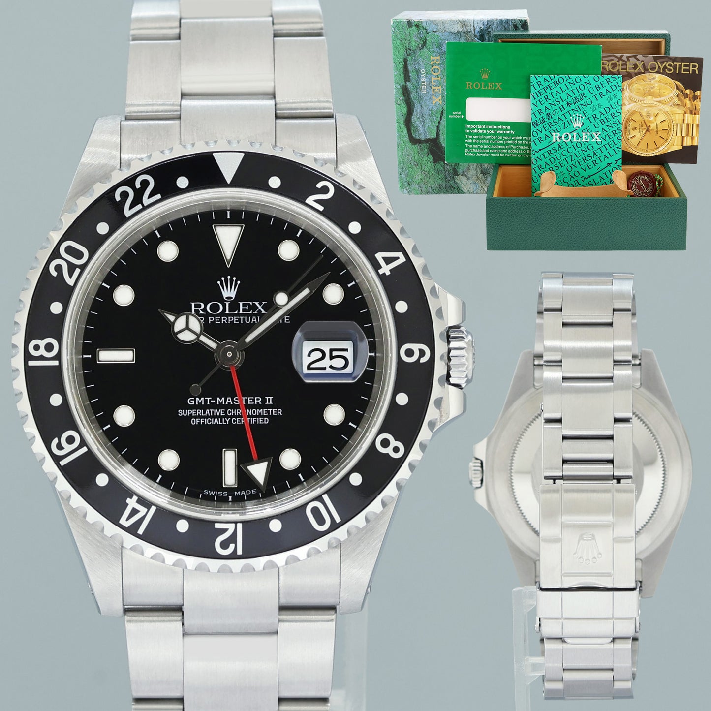 MINT 2001 Rolex 16710 GMT-Master II Black Dial Steel Watch Black Watch Box
