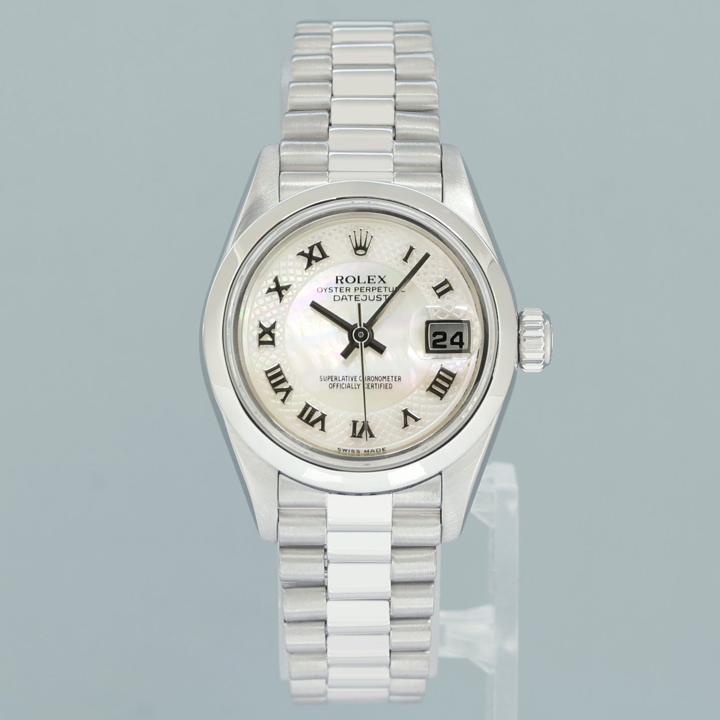 MINT Rolex 79166 Platinum 26mm President Datejust Mother of Pearl Watch Box