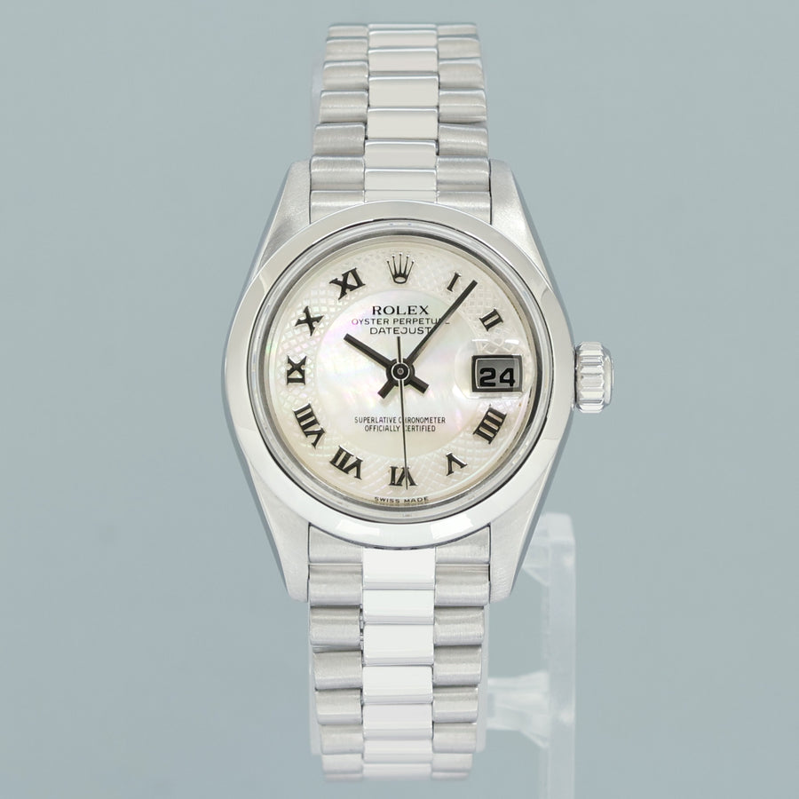 MINT Rolex 79166 Platinum 26mm President Datejust Mother of Pearl Watch Box