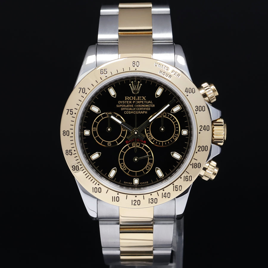 2015 PAPERS Rolex Daytona 116523 Chronograph Black Dial Steel Gold Two Tone Watch Box