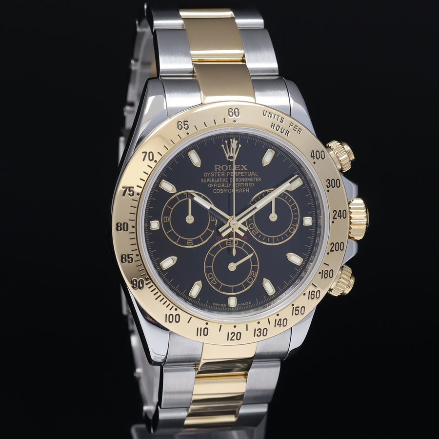 2015 PAPERS Rolex Daytona 116523 Chronograph Black Dial Steel Gold Two Tone Watch Box